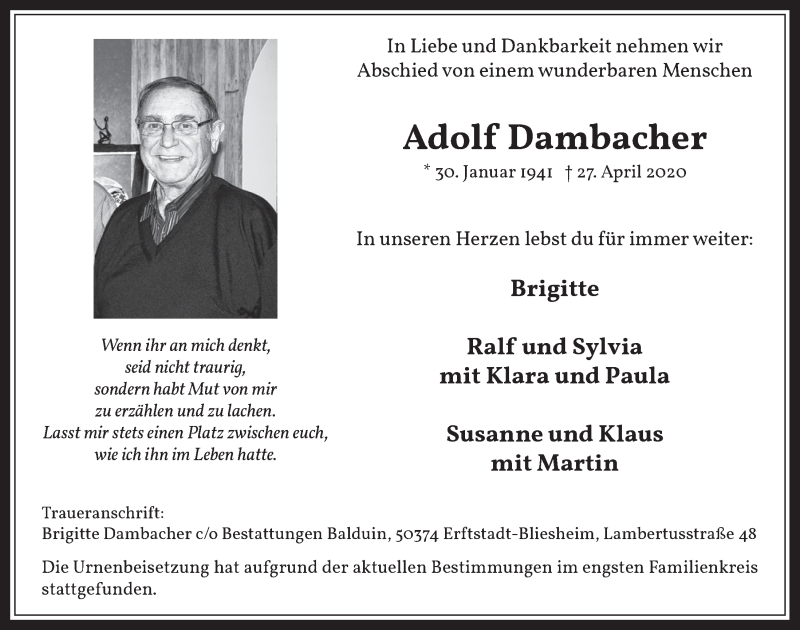  Traueranzeige für Adolf Dambacher vom 08.05.2020 aus  Werbepost 