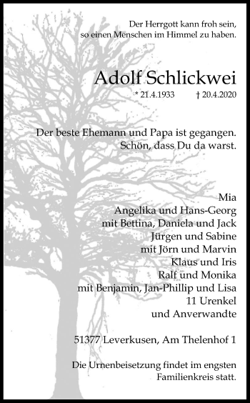 Anzeige von Adolf Schlickwei von Kölner Stadt-Anzeiger / Kölnische Rundschau / Express
