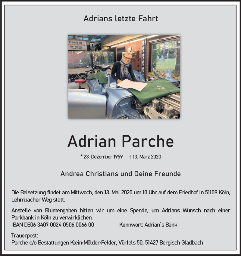  Traueranzeige für Adrian Parche vom 09.05.2020 aus Kölner Stadt-Anzeiger / Kölnische Rundschau / Express