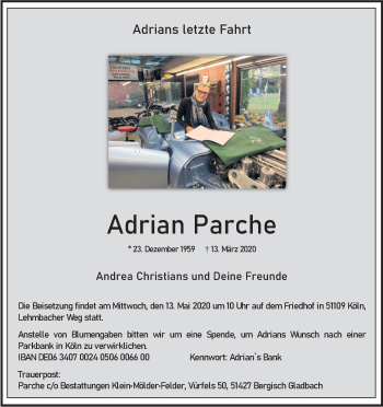 Anzeige von Adrian Parche von Kölner Stadt-Anzeiger / Kölnische Rundschau / Express