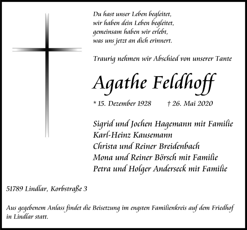  Traueranzeige für Agathe Feldhoff vom 29.05.2020 aus  Anzeigen Echo 