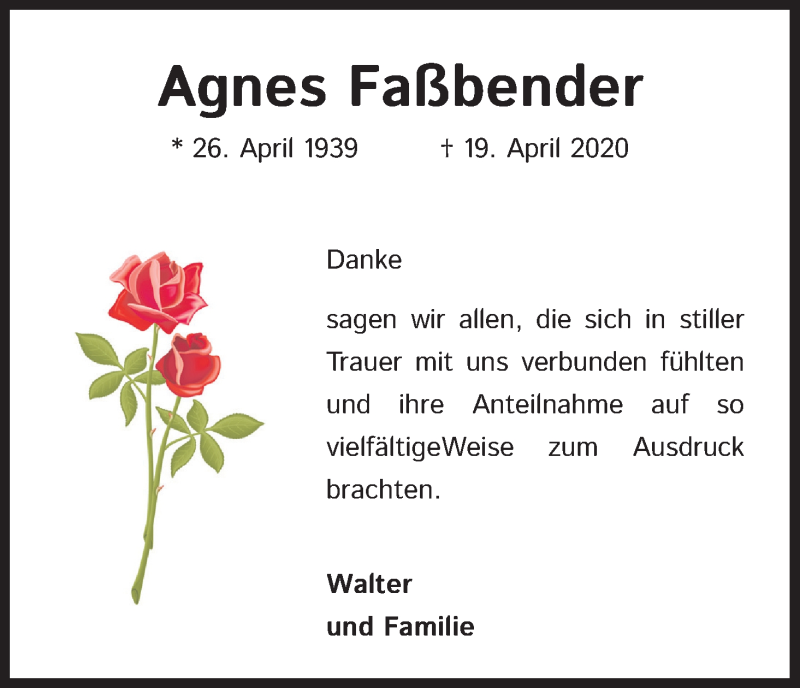  Traueranzeige für Agnes Faßbender vom 23.05.2020 aus Kölner Stadt-Anzeiger / Kölnische Rundschau / Express