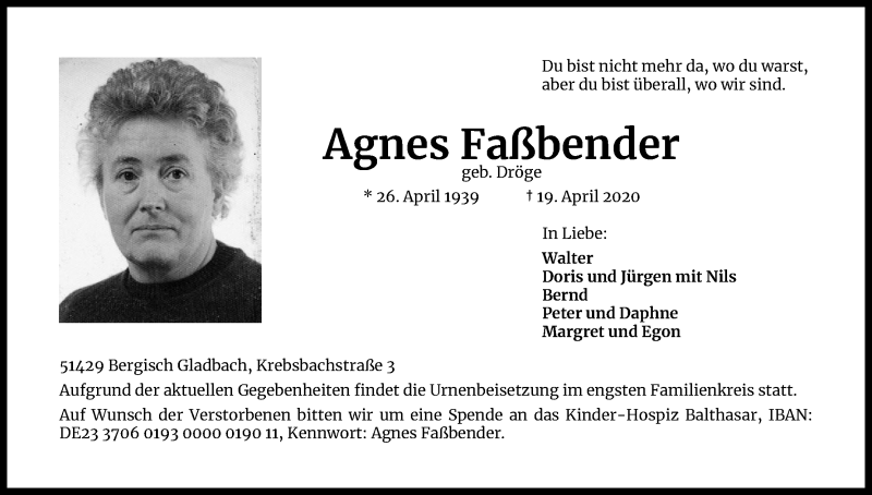  Traueranzeige für Agnes Faßbender vom 02.05.2020 aus Kölner Stadt-Anzeiger / Kölnische Rundschau / Express