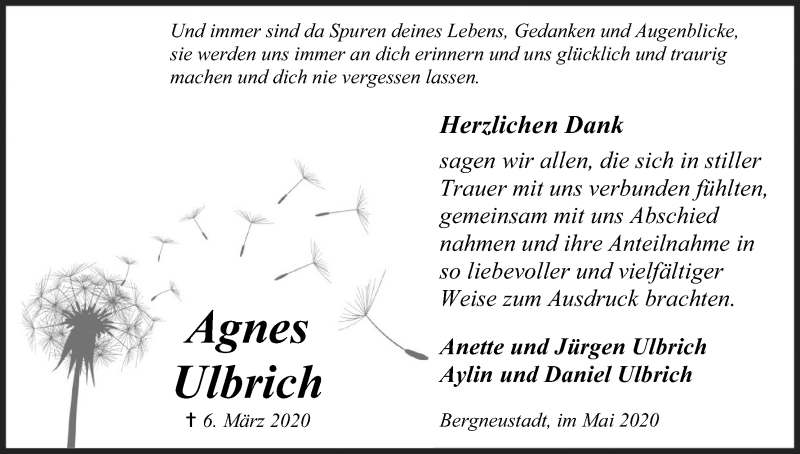  Traueranzeige für Agnes Ulbrich vom 30.05.2020 aus Kölner Stadt-Anzeiger / Kölnische Rundschau / Express
