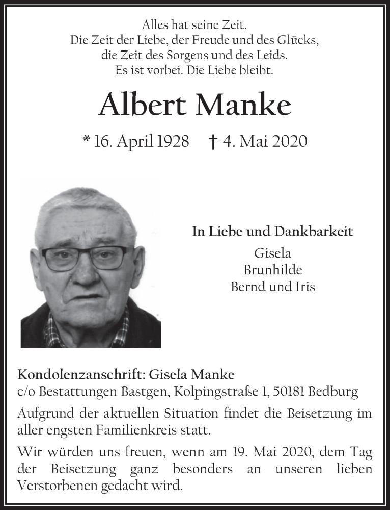  Traueranzeige für Albert Manke vom 08.05.2020 aus  Werbepost 