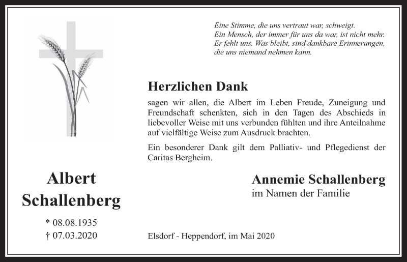  Traueranzeige für Albert Schallenberg vom 15.05.2020 aus  Werbepost 