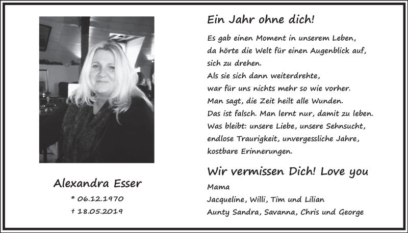  Traueranzeige für Alexandra Esser vom 15.05.2020 aus  Werbepost 