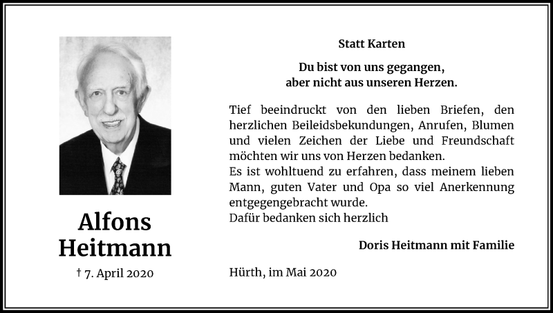  Traueranzeige für Alfons Heitmann vom 30.05.2020 aus Kölner Stadt-Anzeiger / Kölnische Rundschau / Express