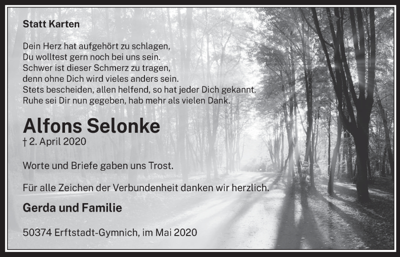  Traueranzeige für Alfons Selonke vom 22.05.2020 aus  Werbepost 