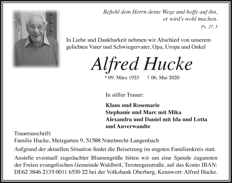  Traueranzeige für Alfred Hucke vom 15.05.2020 aus  Lokalanzeiger 