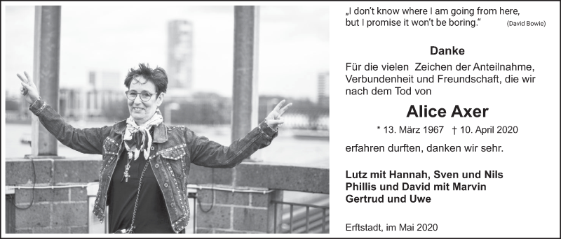 Traueranzeige für Alice Axer vom 15.05.2020 aus  Werbepost 