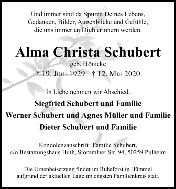 Anzeige von Alma Christa Schubert von Kölner Stadt-Anzeiger / Kölnische Rundschau / Express