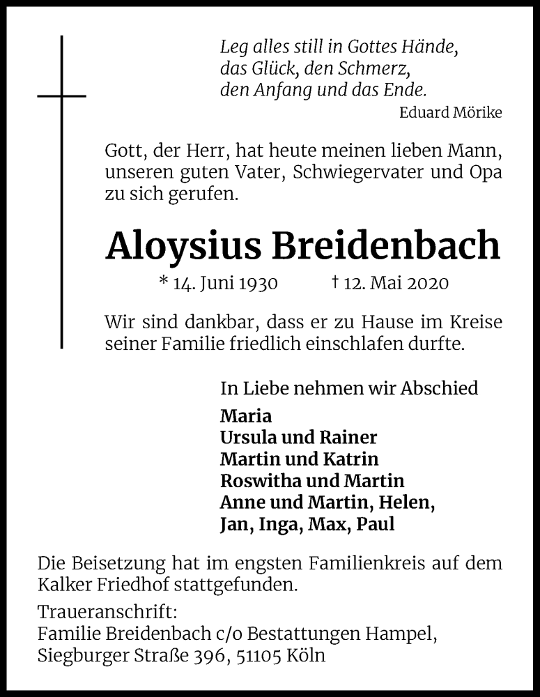  Traueranzeige für Aloysius Breidenbach vom 23.05.2020 aus Kölner Stadt-Anzeiger / Kölnische Rundschau / Express