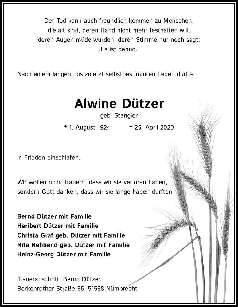  Traueranzeige für Alwine Dützer vom 02.05.2020 aus Kölner Stadt-Anzeiger / Kölnische Rundschau / Express