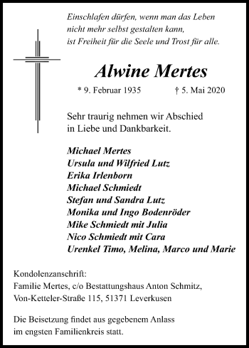 Anzeige von Alwine Mertes von Kölner Stadt-Anzeiger / Kölnische Rundschau / Express