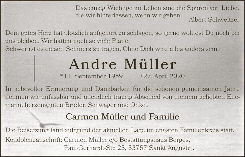  Traueranzeige für Andre Müller vom 08.05.2020 aus  Extra Blatt 
