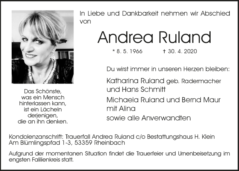  Traueranzeige für Andrea Ruland vom 18.07.2023 aus  Schaufenster/Blickpunkt 
