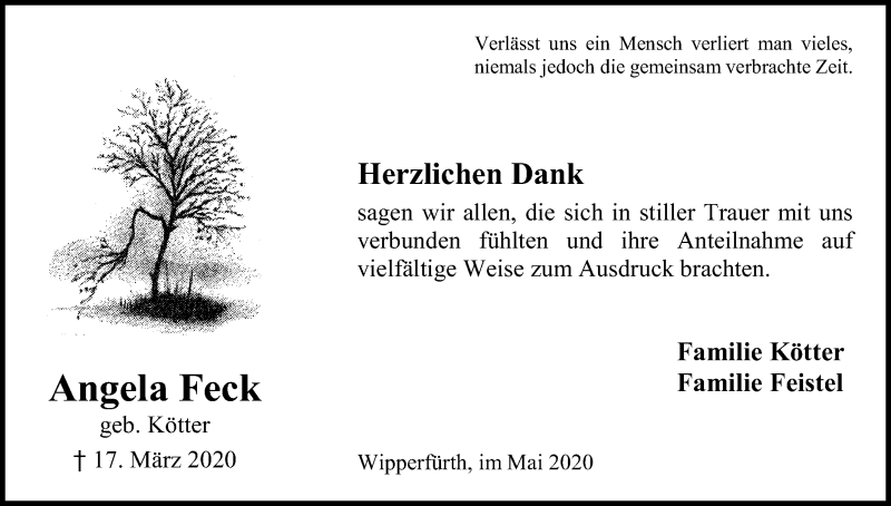  Traueranzeige für Angela Feck vom 02.05.2020 aus Kölner Stadt-Anzeiger / Kölnische Rundschau / Express