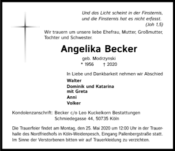 Anzeige von Angelika Becker von Kölner Stadt-Anzeiger / Kölnische Rundschau / Express