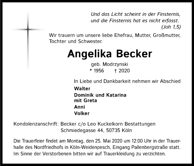 Traueranzeige für Angelika Becker vom 20.05.2020 aus Kölner Stadt-Anzeiger / Kölnische Rundschau / Express