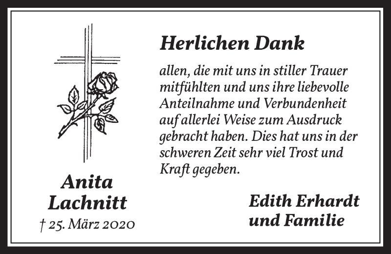  Traueranzeige für Anita Lachnitt vom 22.05.2020 aus  Werbepost 