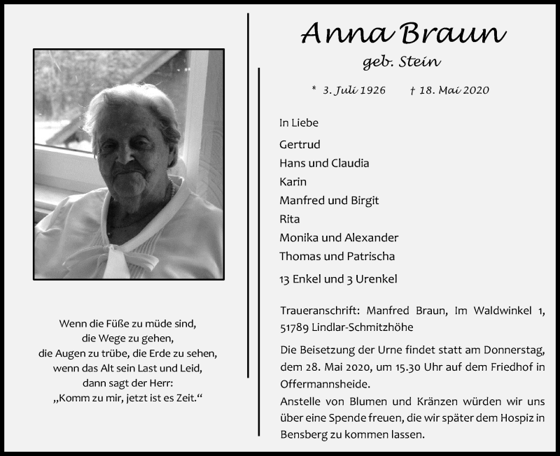  Traueranzeige für Anna Braun vom 23.05.2020 aus Kölner Stadt-Anzeiger / Kölnische Rundschau / Express