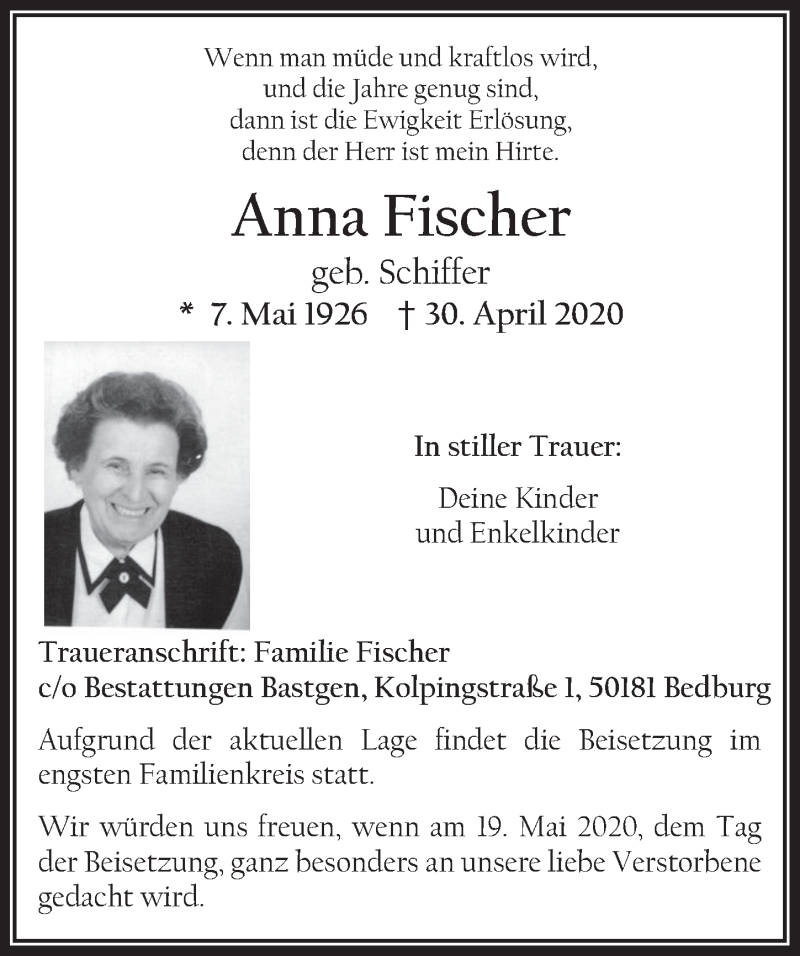  Traueranzeige für Anna Fischer vom 08.05.2020 aus  Werbepost 