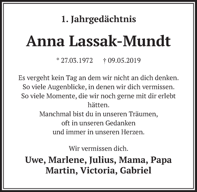  Traueranzeige für Anna Lassak-Mundt vom 08.05.2020 aus  Schlossbote/Werbekurier 