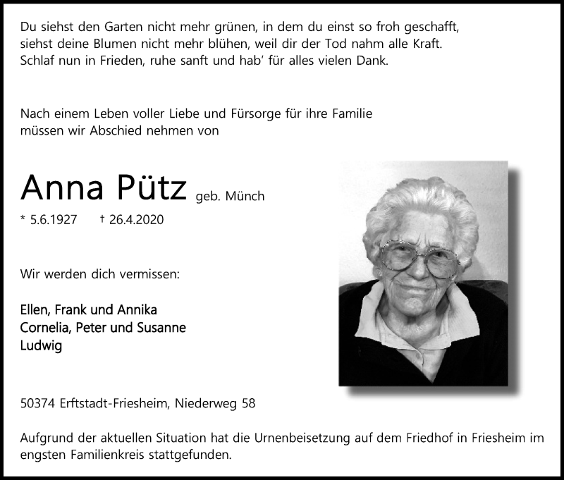  Traueranzeige für Anna Pütz vom 16.05.2020 aus Kölner Stadt-Anzeiger / Kölnische Rundschau / Express