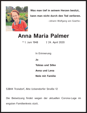 Anzeige von Anna Maria Palmer von Kölner Stadt-Anzeiger / Kölnische Rundschau / Express