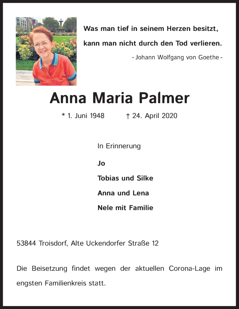  Traueranzeige für Anna Maria Palmer vom 02.05.2020 aus Kölner Stadt-Anzeiger / Kölnische Rundschau / Express