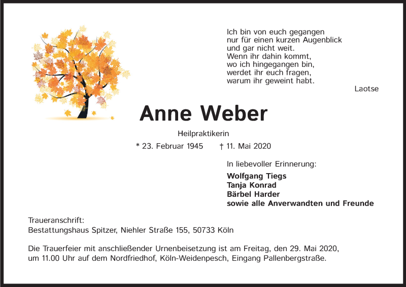  Traueranzeige für Anne Weber vom 23.05.2020 aus Kölner Stadt-Anzeiger / Kölnische Rundschau / Express