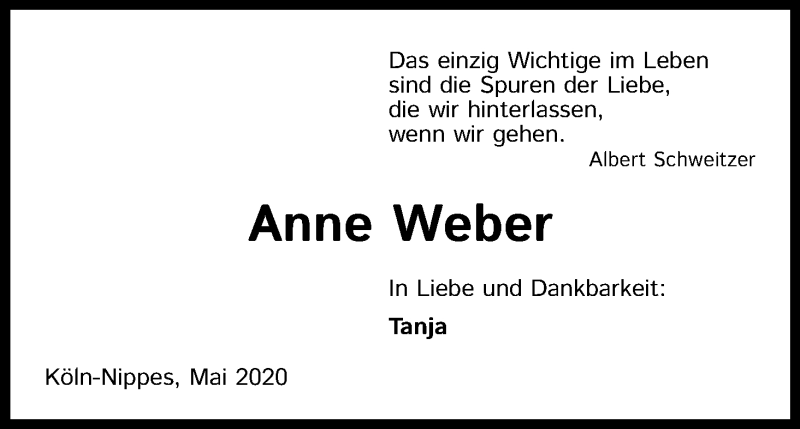  Traueranzeige für Anne Weber vom 23.05.2020 aus Kölner Stadt-Anzeiger / Kölnische Rundschau / Express