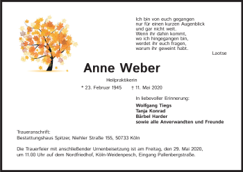 Anzeige von Anne Weber von Kölner Stadt-Anzeiger / Kölnische Rundschau / Express