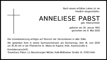 Anzeige von Anneliese Pabst von Kölner Stadt-Anzeiger / Kölnische Rundschau / Express