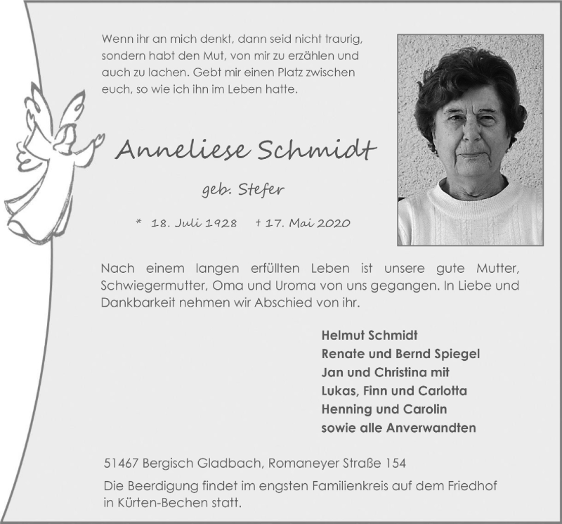  Traueranzeige für Anneliese Schmidt vom 22.05.2020 aus  Bergisches Handelsblatt 