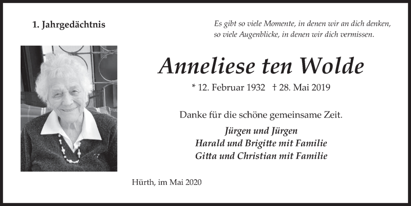  Traueranzeige für Anneliese ten Wolde vom 22.05.2020 aus  Wochenende 