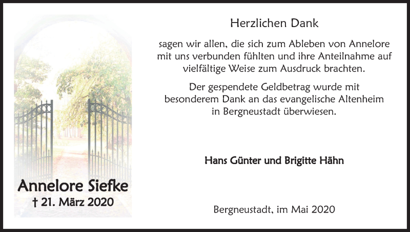  Traueranzeige für Annelore Siefke vom 16.05.2020 aus Kölner Stadt-Anzeiger / Kölnische Rundschau / Express