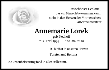 Anzeige von Annemarie Lorek von Kölner Stadt-Anzeiger / Kölnische Rundschau / Express