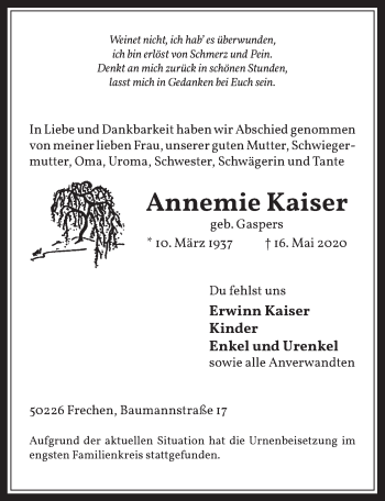 Anzeige von Annemie Kaiser von  Wochenende 