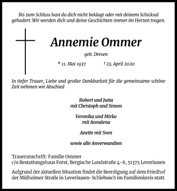 Anzeige von Annemie Ommer von Kölner Stadt-Anzeiger / Kölnische Rundschau / Express