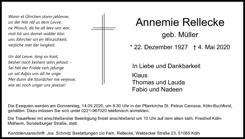  Traueranzeige für Annemie Rellecke vom 11.05.2020 aus Kölner Stadt-Anzeiger / Kölnische Rundschau / Express