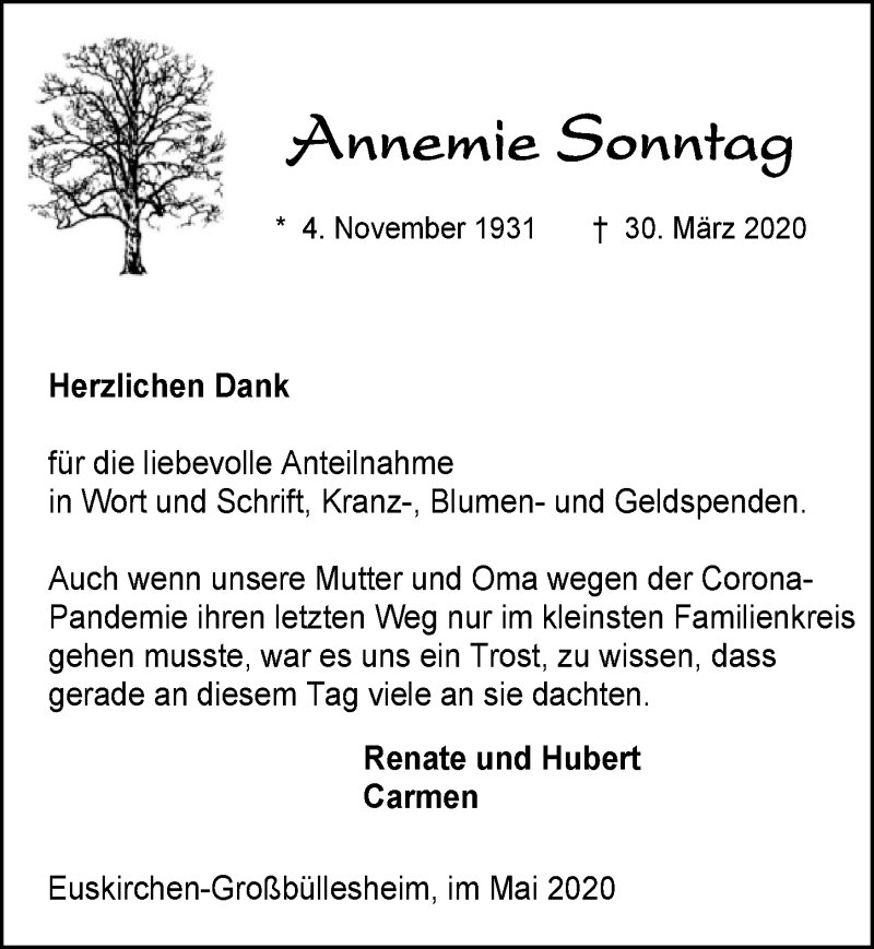  Traueranzeige für Annemie Sonntag vom 02.05.2020 aus  Blickpunkt Euskirchen 