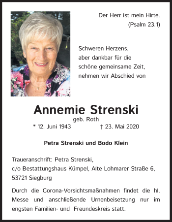 Anzeige von Annemie Strenski von Kölner Stadt-Anzeiger / Kölnische Rundschau / Express