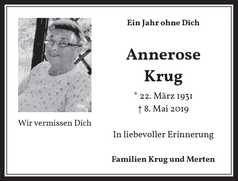  Traueranzeige für Annerose Krug vom 08.05.2020 aus  Werbepost 