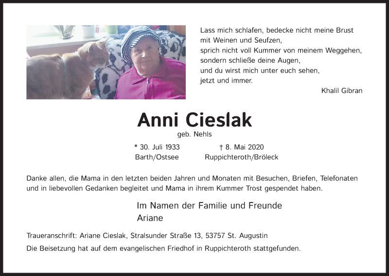  Traueranzeige für Anni Cieslak vom 16.05.2020 aus Kölner Stadt-Anzeiger / Kölnische Rundschau / Express