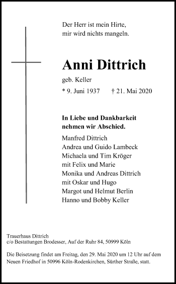 Anzeige von Anni Dittrich von Kölner Stadt-Anzeiger / Kölnische Rundschau / Express
