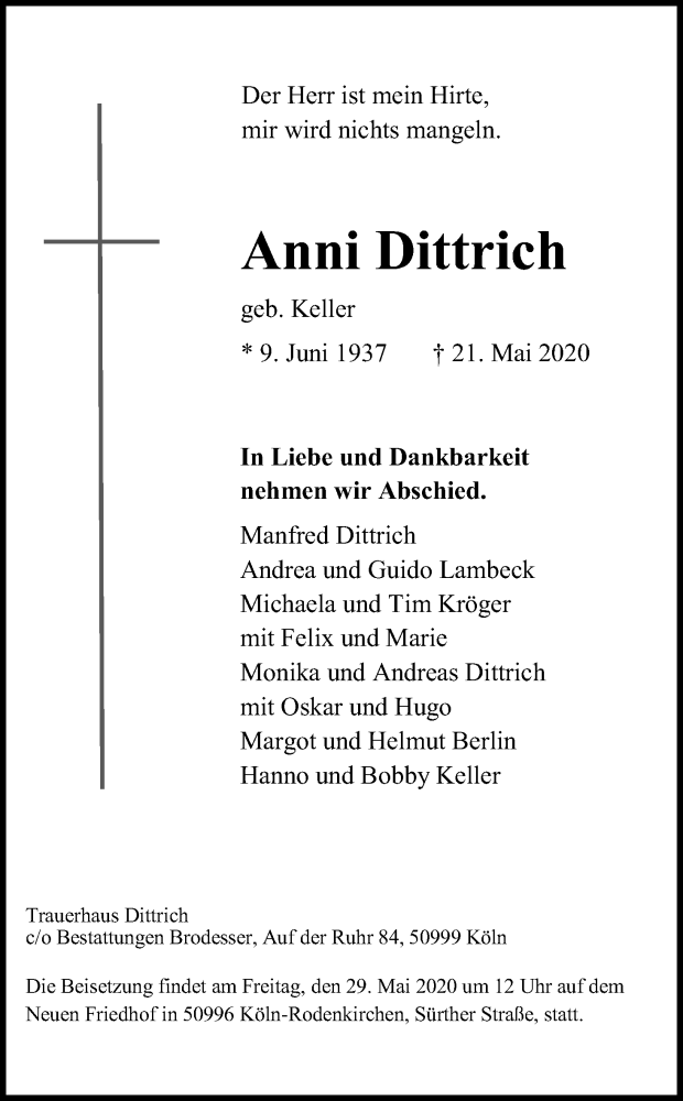  Traueranzeige für Anni Dittrich vom 27.05.2020 aus Kölner Stadt-Anzeiger / Kölnische Rundschau / Express