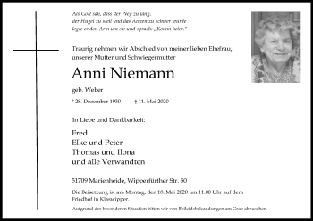 Anzeige von Anni Niemann von Kölner Stadt-Anzeiger / Kölnische Rundschau / Express