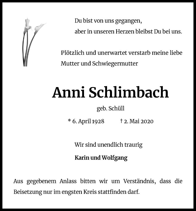  Traueranzeige für Anni Schlimbach vom 09.05.2020 aus Kölner Stadt-Anzeiger / Kölnische Rundschau / Express